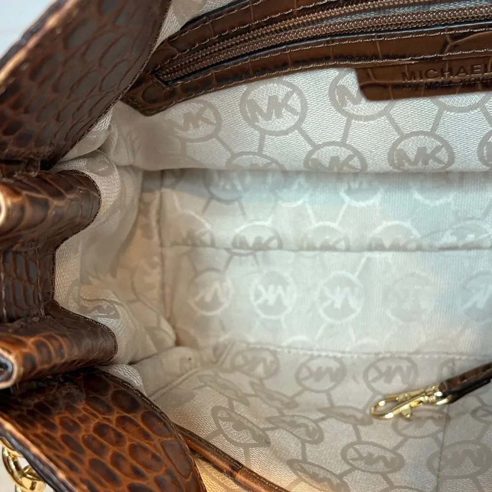 Michael Kors Bag Purse Handbag Croc Embossed Leather Brown Hamilton Tote Bag